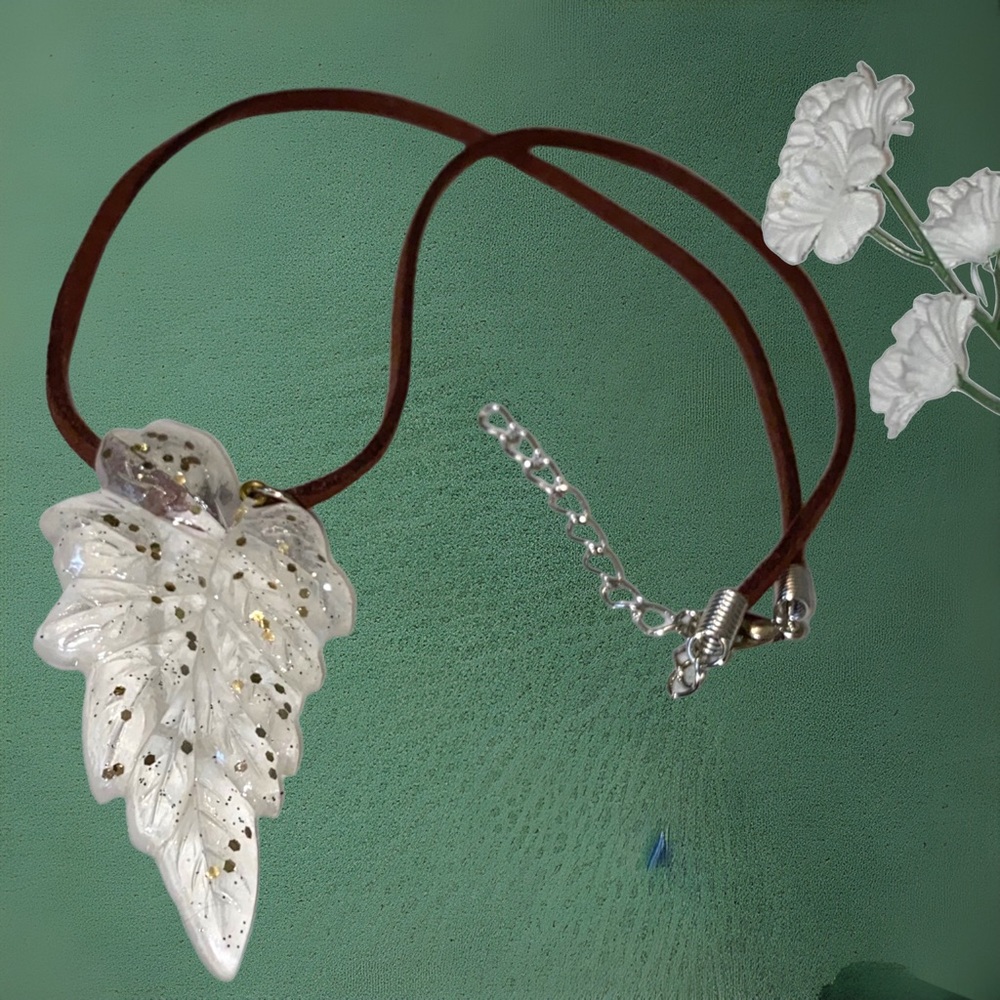 Hand Crafted Necklace Leaf Gold on Brown Faux Suede Cord Adjustable Silver